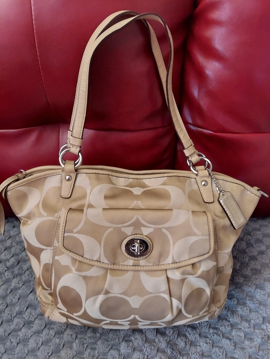 Coach Handbags - Coach Beige Signature Tote with Turn-Lock Closure